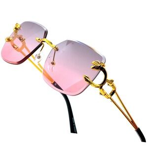 Men Women Classy Sophisticated Pink Lens Gold Sunglasses Metal Rimless Hip‎ Hop